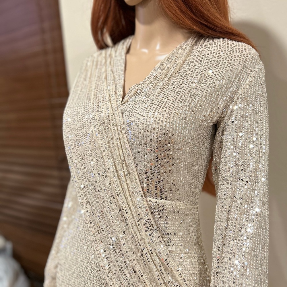 Champagne Sequin Mini Wrap Dress